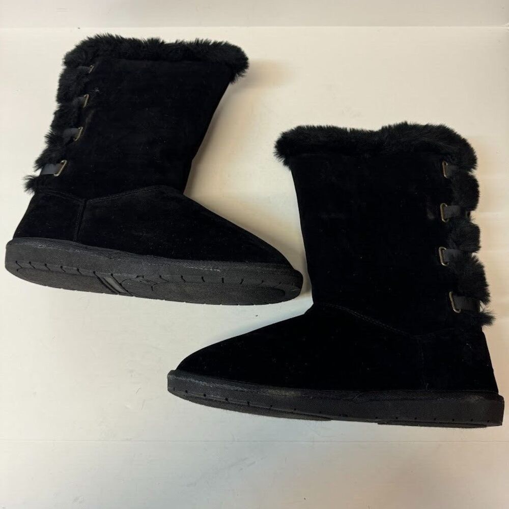 Sugar Womens 10 M Black Fuzzy Lined Ribbon Detailing Pull On Boots NIB YE4